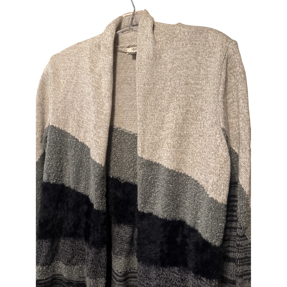 Style & Co Colorblock Faux Fur Open Front Cardigan Sweater Grey Black Petite S